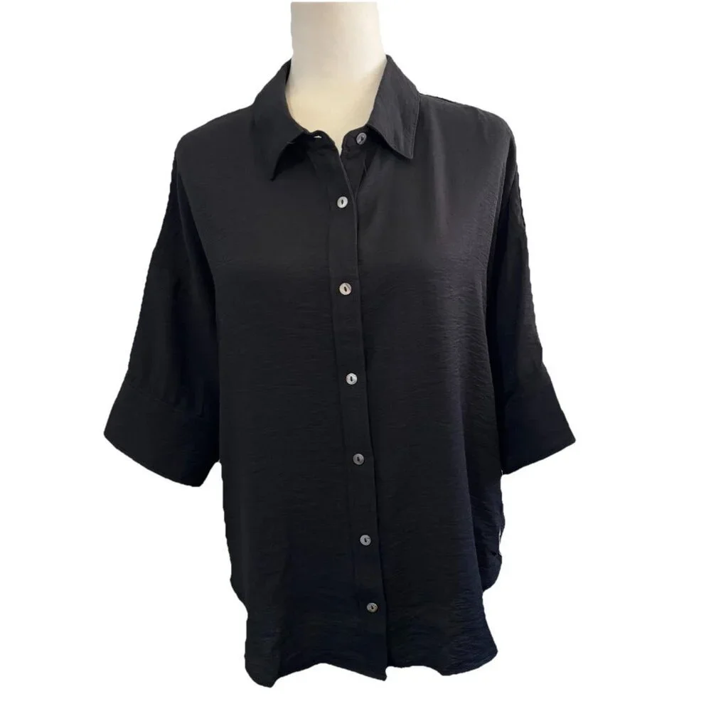 Entro Oversized Button Up Collared Shirt 3/4 Sleeve Black / Animal Print Sz Smal